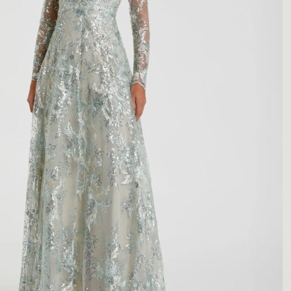 Mac Duggal Green Floral Embroidered Illusion Long Sleeve Gown-Size 4 - Picture 2 of 4